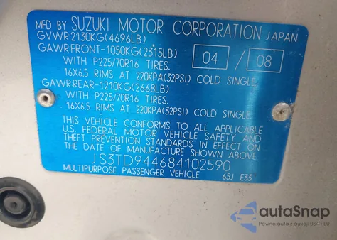 2008 Suzuki Grand Vitara Xsport from USA, damaged, VIN JS3TD944684102590